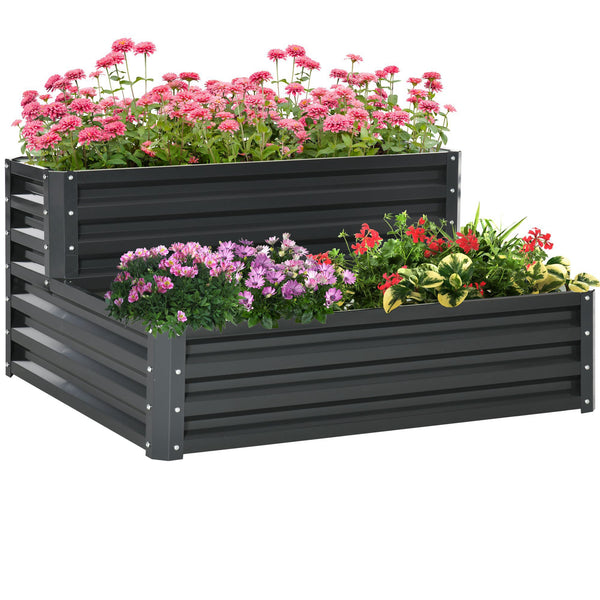 2 Tier Galvanised Raised Garden Bed, Outdoor Steel Planter Box with Open Bottom for Vegetables, Flowers and Herbs, 120 x 101 x 58 cm, Dark Grey