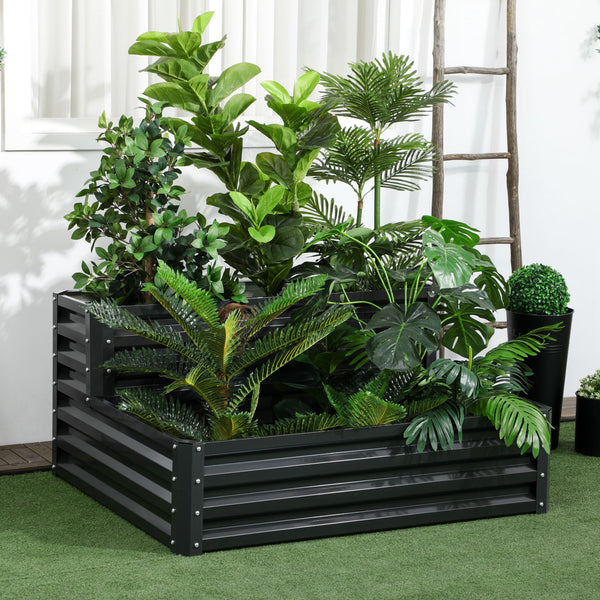 2 Tier Galvanised Raised Garden Bed, Outdoor Steel Planter Box with Open Bottom for Vegetables, Flowers and Herbs, 120 x 101 x 58 cm, Dark Grey