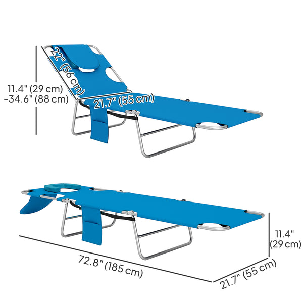 Folding Lounge Chair Outdoor Tanning Chair with Face Hole, 5-Position Reclining Sun Lounger Chaise Lounge Cot with Side Pocket, Carry Strap for Beach Pool, Yard, Blue