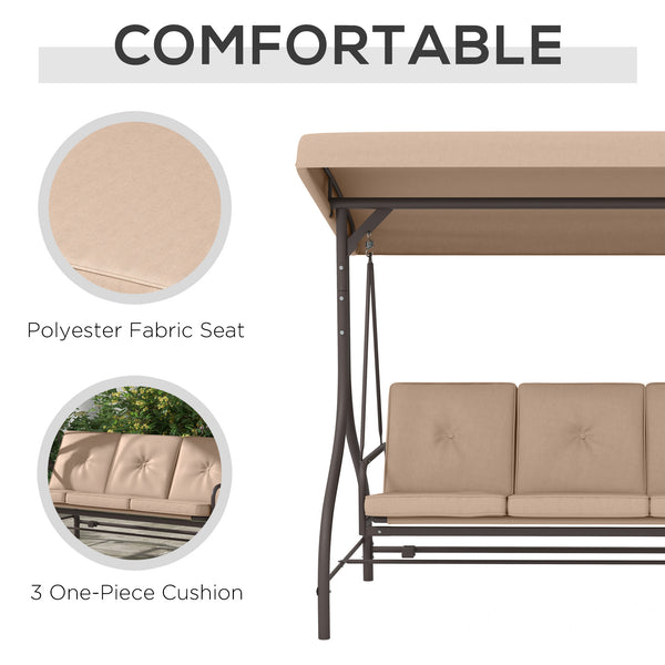 3 Seater Patio Swing Chair Convertible Cushioned Porch Swing Bed Outdoor Swing Seat with Canopy, Steel Frame for Porch, Backyard, Garden, Balcony, Khaki