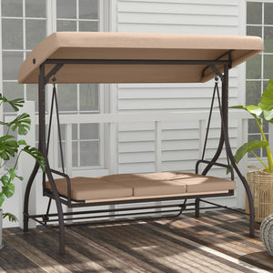 3 Seater Patio Swing Chair Convertible Cushioned Porch Swing Bed Outdoor Swing Seat with Canopy, Steel Frame for Porch, Backyard, Garden, Balcony, Khaki