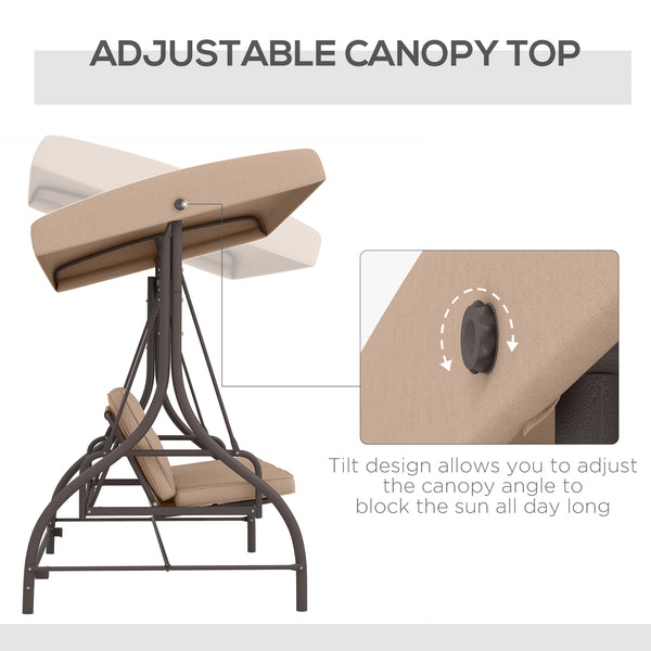 3 Seater Patio Swing Chair Convertible Cushioned Porch Swing Bed Outdoor Swing Seat with Canopy, Steel Frame for Porch, Backyard, Garden, Balcony, Khaki