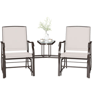 Double Patio Glider Chair with Glass Top Center Table, Outdoor Glider Loveseat with High Back,  All Weather Breathable Mesh Fabric for Garden, Backyard, Deck, Beige