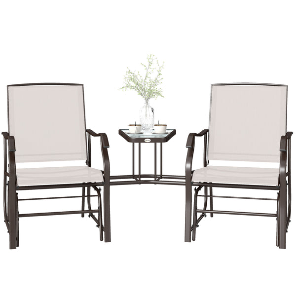 Double Patio Glider Chair with Glass Top Center Table, Outdoor Glider Loveseat with High Back,  All Weather Breathable Mesh Fabric for Garden, Backyard, Deck, Beige