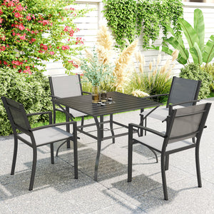 Outdoor Dining Table for Four, Patio Table with Parasol Hole, Square Garden Table with Slatted Metal Plate Top for Backyard, Poolside, Dark Grey