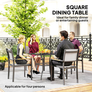 Outdoor Dining Table for Four, Patio Table with Parasol Hole, Square Garden Table with Slatted Metal Plate Top for Backyard, Poolside, Dark Grey