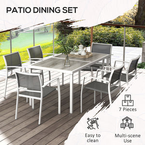 7 Pieces Patio Dining Set for 6 with Stackable Chairs, Outdoor Table and Chairs with Plastic Top, Breathable Mesh Seat and Back for Garden, Patio, Backyard, White and Grey