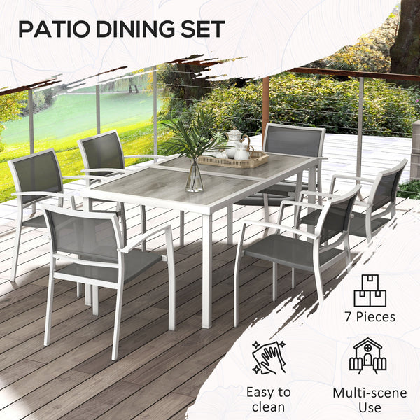 7 Pieces Patio Dining Set for 6 with Stackable Chairs, Outdoor Table and Chairs with Plastic Top, Breathable Mesh Seat and Back for Garden, Patio, Backyard, White and Grey