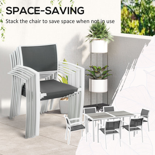 7 Pieces Patio Dining Set for 6 with Stackable Chairs, Outdoor Table and Chairs with Plastic Top, Breathable Mesh Seat and Back for Garden, Patio, Backyard, White and Grey
