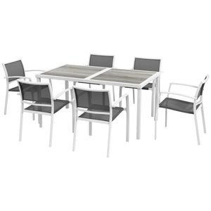 7 Pieces Patio Dining Set for 6 with Stackable Chairs, Outdoor Table and Chairs with Plastic Top, Breathable Mesh Seat and Back for Garden, Patio, Backyard, White and Grey