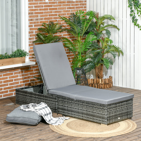 PE Rattan Sun Lounger, Five-level Adjustable Recliner Bed Chair with Soft Padded Cushion for Patio, Garden, Mixed Grey