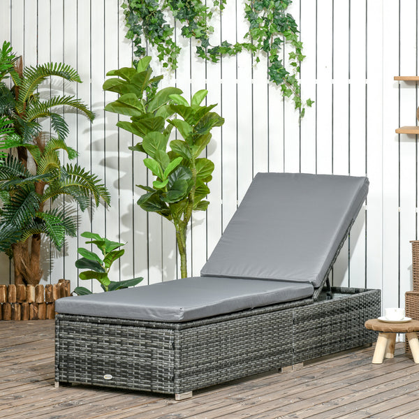 PE Rattan Sun Lounger, Five-level Adjustable Recliner Bed Chair with Soft Padded Cushion for Patio, Garden, Mixed Grey