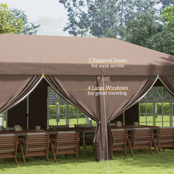 3 x 6 m Pop Up Gazebo with Sides and Windows, Height Adjustable Wedding Camping Party Tent Canopy Marquee with Storage Bag for Garden, Event, Brown