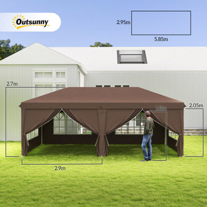 3 x 6 m Pop Up Gazebo with Sides and Windows, Height Adjustable Wedding Camping Party Tent Canopy Marquee with Storage Bag for Garden, Event, Brown