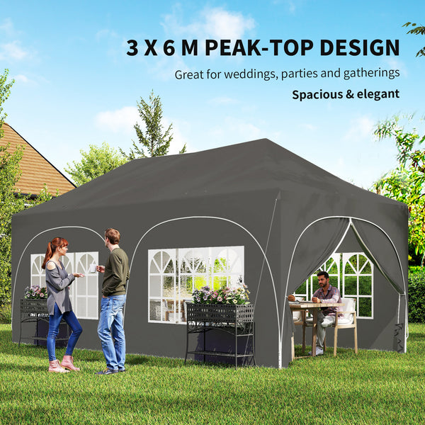 3 x 6m Pop Up Gazebo with Sides, 6 Sandbags, Peak Top Height Adjustable Outdoor Garden Party Tent Marquee Wedding Awning Canopy Instant Event Shelter with Carry Bag, Windows, Dark Grey