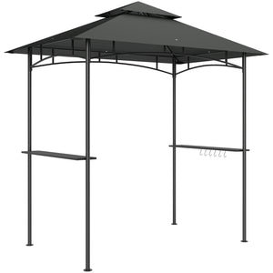 2.4 x 1.5 m (8' x 5') Grill Gazebo Canopy with LED Lights, Double Tiered Outdoor BBQ Gazebo Shelter with 2 Side Shelves, Storage Basket and Hooks for Garden, Barbecue, Picnic, Dark Grey
