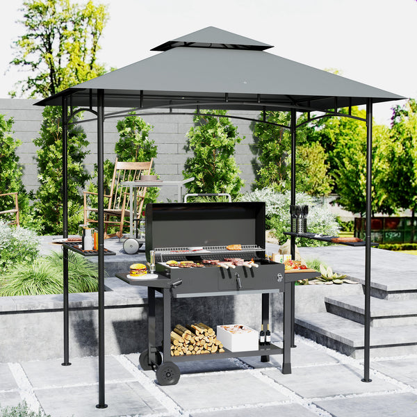 2.4 x 1.5 m (8' x 5') Grill Gazebo Canopy with LED Lights, Double Tiered Outdoor BBQ Gazebo Shelter with 2 Side Shelves, Storage Basket and Hooks for Garden, Barbecue, Picnic, Dark Grey