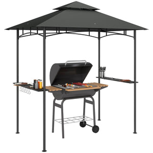 2.4 x 1.5 m (8' x 5') Grill Gazebo Canopy with LED Lights, Double Tiered Outdoor BBQ Gazebo Shelter with 2 Side Shelves, Storage Basket and Hooks for Garden, Barbecue, Picnic, Dark Grey