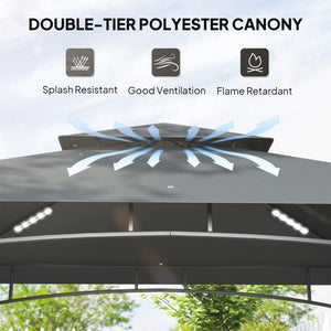 2.4 x 1.5 m (8' x 5') Grill Gazebo Canopy with LED Lights, Double Tiered Outdoor BBQ Gazebo Shelter with 2 Side Shelves, Storage Basket and Hooks for Garden, Barbecue, Picnic, Dark Grey