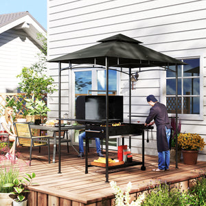 2.4 x 1.5 m (8' x 5') Grill Gazebo Canopy with LED Lights, Double Tiered Outdoor BBQ Gazebo Shelter with 2 Side Shelves, Storage Basket and Hooks for Garden, Barbecue, Picnic, Dark Grey