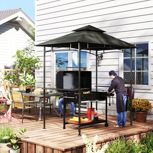 2.4 x 1.5 m (8' x 5') Grill Gazebo Canopy with LED Lights, Double Tiered Outdoor BBQ Gazebo Shelter with 2 Side Shelves, Storage Basket and Hooks for Garden, Barbecue, Picnic, Dark Grey