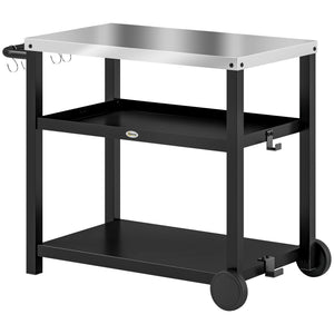 3-Shelf Outdoor Grill Dining Cart Pizza Oven Stand with Stainless Steel Top, Movable BBQ Food Prep Table Outdoor Kitchen Island with Hooks Wheels Handle, Charcoal Grey