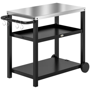 3-Shelf Outdoor Grill Dining Cart Pizza Oven Stand with Stainless Steel Top, Movable BBQ Food Prep Table Outdoor Kitchen Island with Hooks Wheels Handle, Charcoal Grey