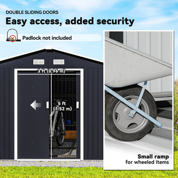 9' x 11' Garden Storage Shed with Foundation Kit, Metal Tool Storage House with Double Doors for Outdoor Patio Yard, Dark Grey