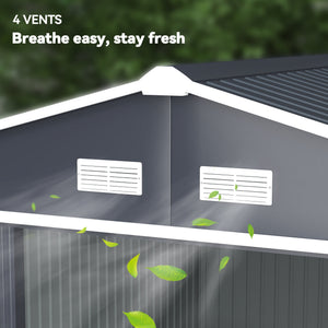 9' x 11' Garden Storage Shed with Foundation Kit, Metal Tool Storage House with Double Doors for Outdoor Patio Yard, Dark Grey
