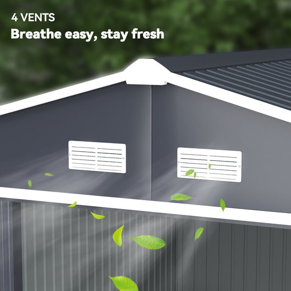 9' x 11' Garden Storage Shed with Foundation Kit, Metal Tool Storage House with Double Doors for Outdoor Patio Yard, Dark Grey