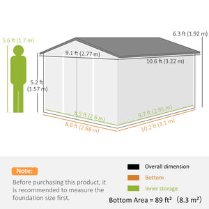 9' x 11' Garden Storage Shed with Foundation Kit, Metal Tool Storage House with Double Doors for Outdoor Patio Yard, Dark Grey