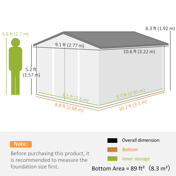 9' x 11' Garden Storage Shed with Foundation Kit, Metal Tool Storage House with Double Doors for Outdoor Patio Yard, Dark Grey