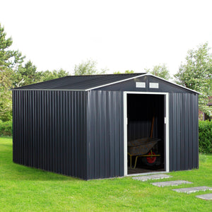 Outsunny 11' x 9' Outdoor Storage Shed, Garden Tool Metal Shed with Foundation Kit, Double Lockable Door, Air Vents and Sloping Roof, for Backyard, Patio, Lawn, Dark Gray