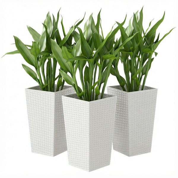 Tall Planters for Outdoor Plants Set of 3, 24 In Taper Planters with Drainage Holes, Rattan Decor Plant Pots for Indoor Outdoor Front Porch Patio Backyard, White