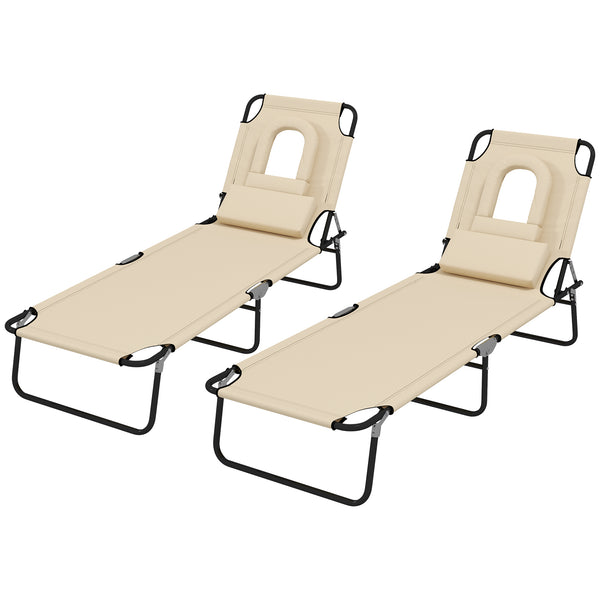 2PCS Adjustable Outdoor Lounge Chair, Garden Folding Chaise Lounge with Face Hole Reclining Tanning Chair Seat, Folding Camping Beach Lounging Bed w/ Head Support, Beige