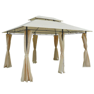 4m x 3(m)Garden Gazebo, Double Roof Outdoor Gazebo Canopy Shelter with Curtains, Solid Steel Frame for Lawn and Deck, Beige