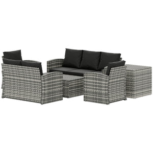 6 Pieces Wicker Patio Furniture Set with Cushions, 7-Seater Rattan Patio Sofa Set with Storage Coffee Table & Side Table, Sectional Outdoor Furniture Set, Black