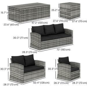 6 Pieces Wicker Patio Furniture Set with Cushions, 7-Seater Rattan Patio Sofa Set with Storage Coffee Table & Side Table, Sectional Outdoor Furniture Set, Black