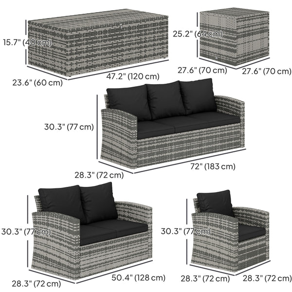 6 Pieces Wicker Patio Furniture Set with Cushions, 7-Seater Rattan Patio Sofa Set with Storage Coffee Table & Side Table, Sectional Outdoor Furniture Set, Black