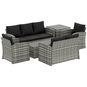 6 Pieces Wicker Patio Furniture Set with Cushions, 7-Seater Rattan Patio Sofa Set with Storage Coffee Table & Side Table, Sectional Outdoor Furniture Set, Black