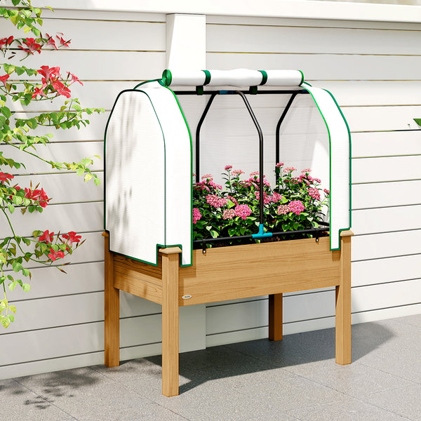 Raised Garden Bed with PE Greenhouse Cover Outdoor Elevated Wood Planter Box for Herbs and Vegetables, Use for Patio, Backyard, Balcony, 35 x 22 x 47 inch, Sand