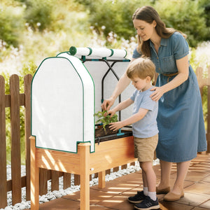 Raised Garden Bed with PE Greenhouse Cover Outdoor Elevated Wood Planter Box for Herbs and Vegetables, Use for Patio, Backyard, Balcony, 35 x 22 x 47 inch, Sand