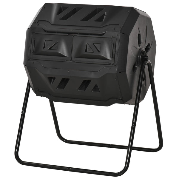 43 Gallon (160L) Tumbling Compost Bin Outdoor Dual Chamber 360° Rotating Composter with Sliding Doors, Solid Steel Frame and Gloves, Black
