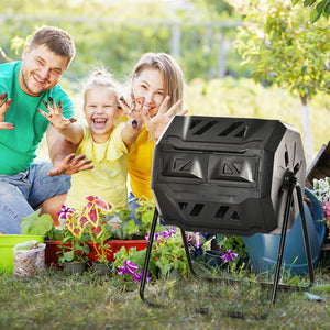 43 Gallon (160L) Tumbling Compost Bin Outdoor Dual Chamber 360° Rotating Composter with Sliding Doors, Solid Steel Frame and Gloves, Black