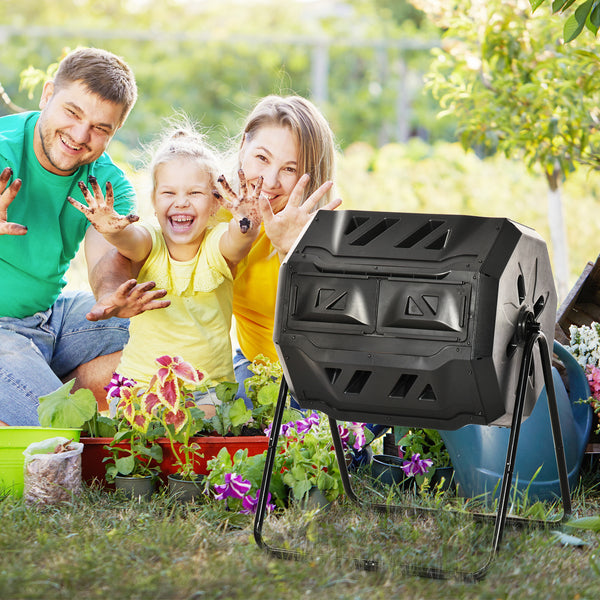 43 Gallon (160L) Tumbling Compost Bin Outdoor Dual Chamber 360° Rotating Composter with Sliding Doors, Solid Steel Frame and Gloves, Black