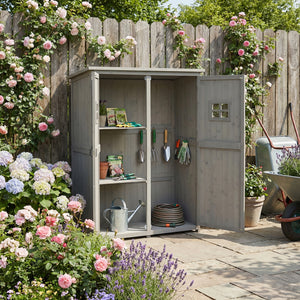 Gray garden shed with tools and plants in a garden setting