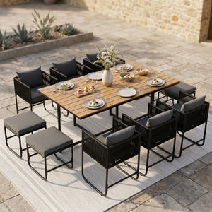 ARVOYA 10 Seater Rattan Garden Furniture Set with Wood Grain Top Table, Black