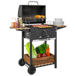Portable Outdoor Charcoal BBQ Grill with Adjustable Charcoal Pan, Barbecue Grill with Spacious Cooking Area, 3 Shelves, Thermometer, Wheels for Patio Backyard Party