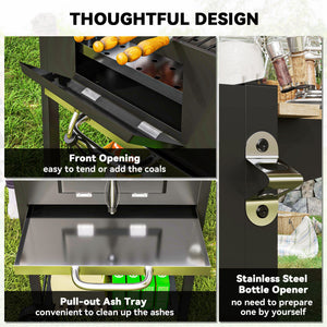 Portable Outdoor Charcoal BBQ Grill with Adjustable Charcoal Pan, Barbecue Grill with Spacious Cooking Area, 3 Shelves, Thermometer, Wheels for Patio Backyard Party