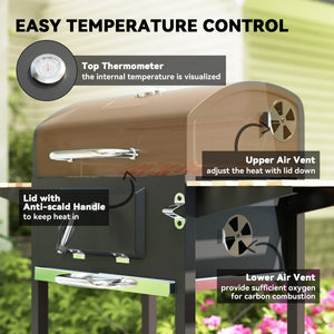Portable Outdoor Charcoal BBQ Grill with Adjustable Charcoal Pan, Barbecue Grill with Spacious Cooking Area, 3 Shelves, Thermometer, Wheels for Patio Backyard Party